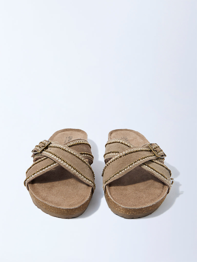 LUNA BLU Taupe Criss-Cross Suede Leather Sandals