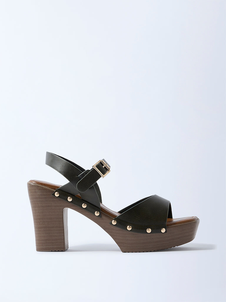 LUNA BLU Olive Stud-Detailed Block-Heel Sandals