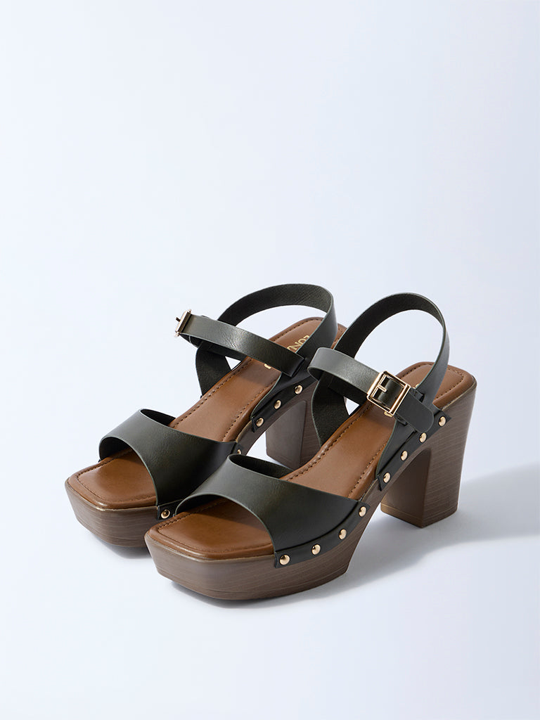 LUNA BLU Olive Stud-Detailed Block-Heel Sandals