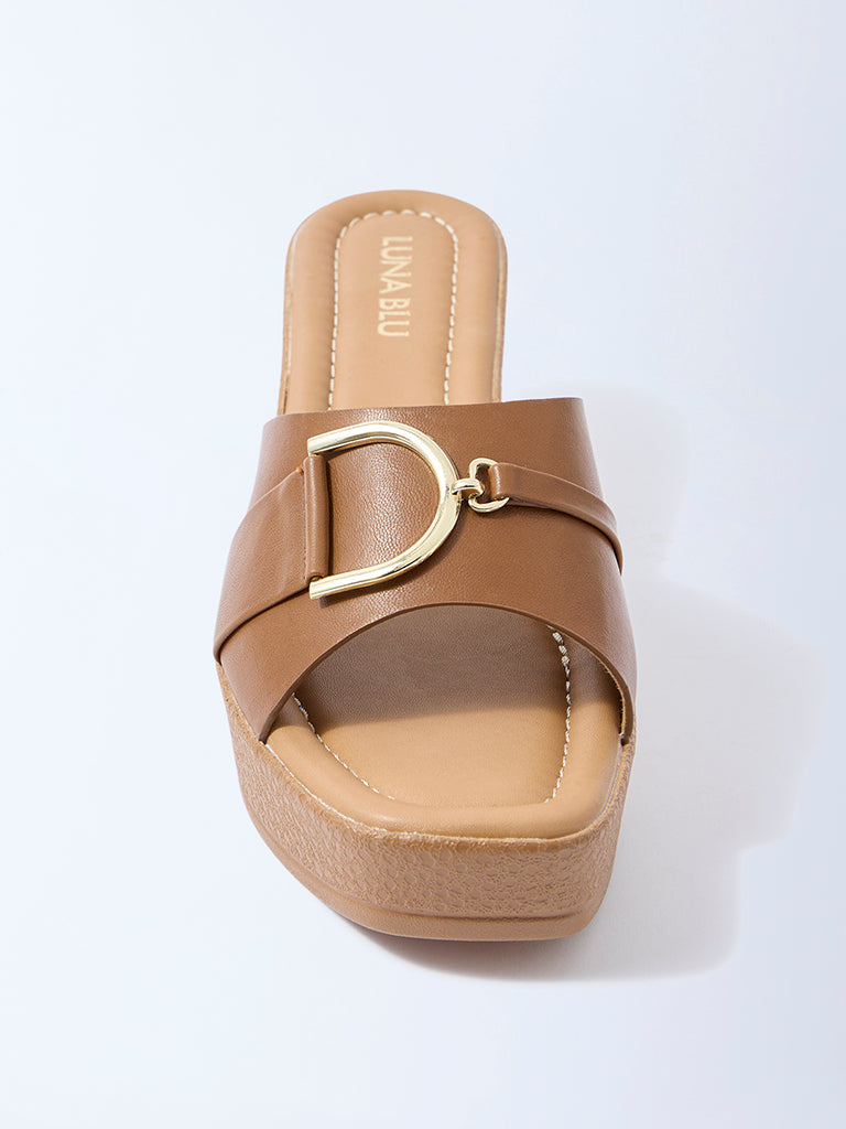 LUNA BLU Tan Buckle-Detail Wedge-Heel Sandals