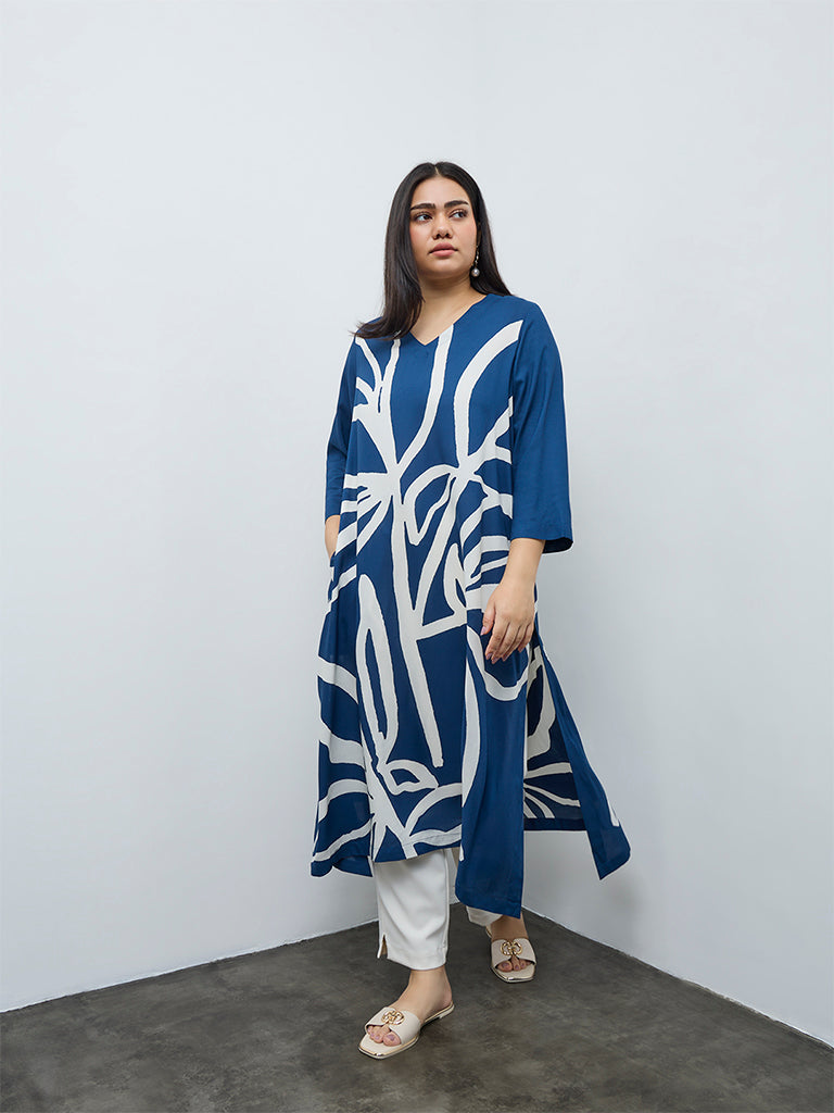 Diza Blue Abstract Printed A-Line Kurta