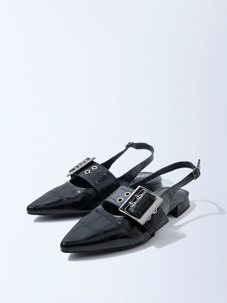 LUNA BLU Black Textured Slingback Mules