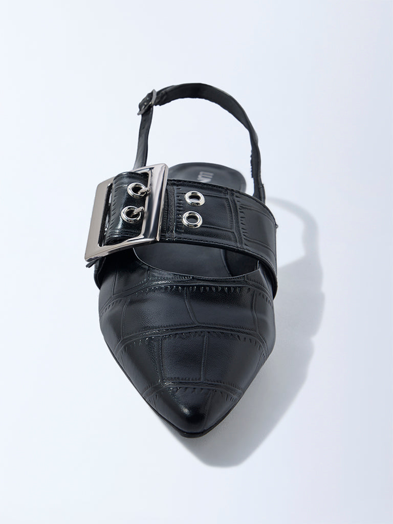 LUNA BLU Black Textured Slingback Mules