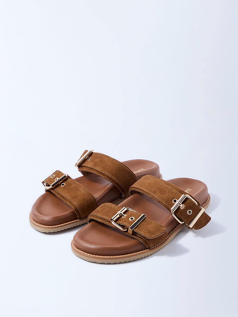 LUNA BLU Tan Buckled Slip-On Suede Comfort Sandals