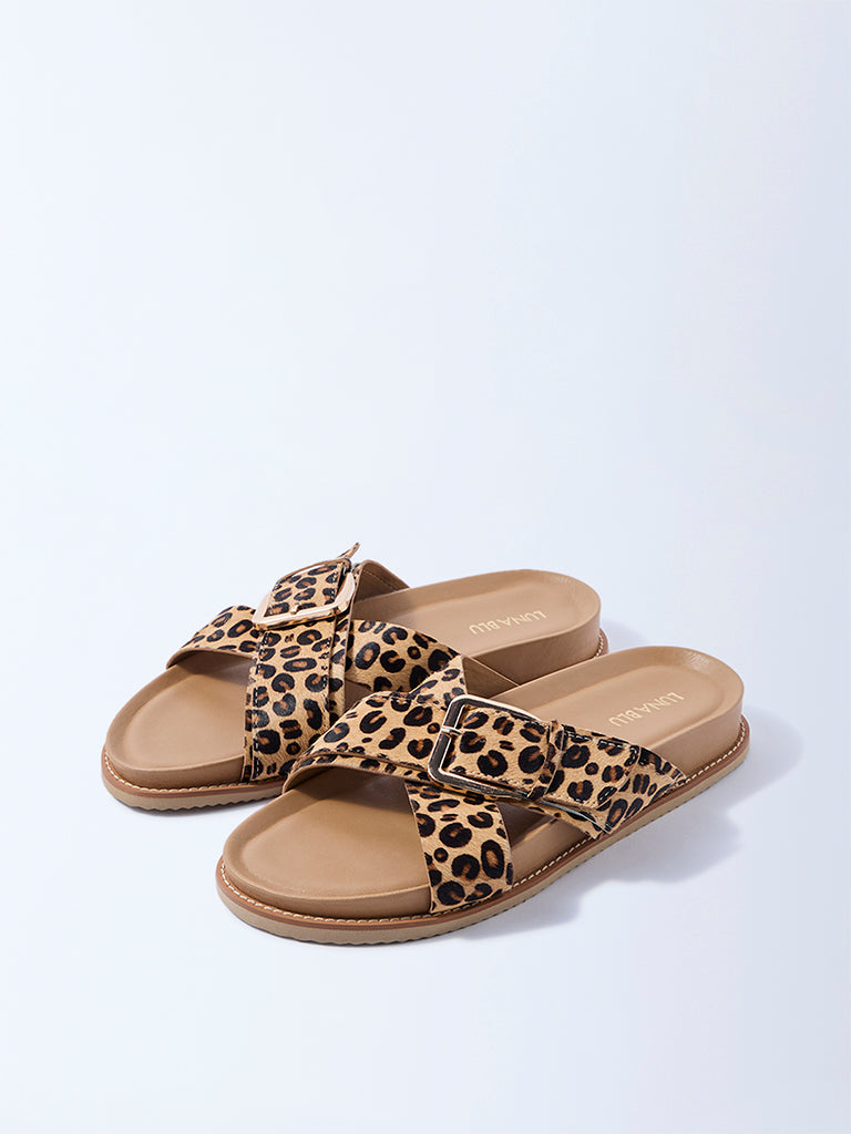 LUNA BLU Beige Animal Printed Criss-Cross Comfort Sandals