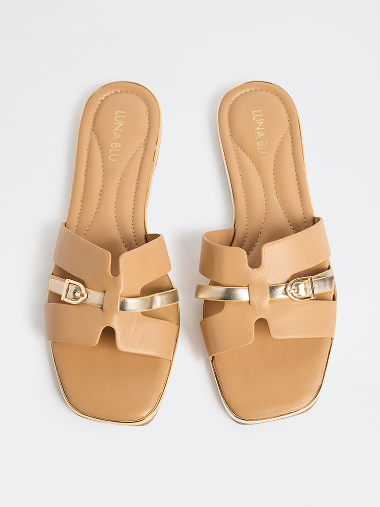 LUNA BLU Beige Buckle-Detailed Slides