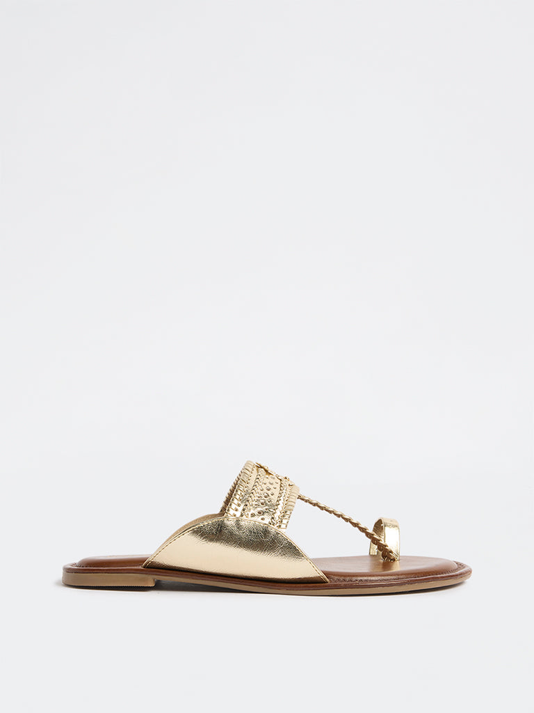 LUNA BLU Gold Braided Kolhapuri Sandals