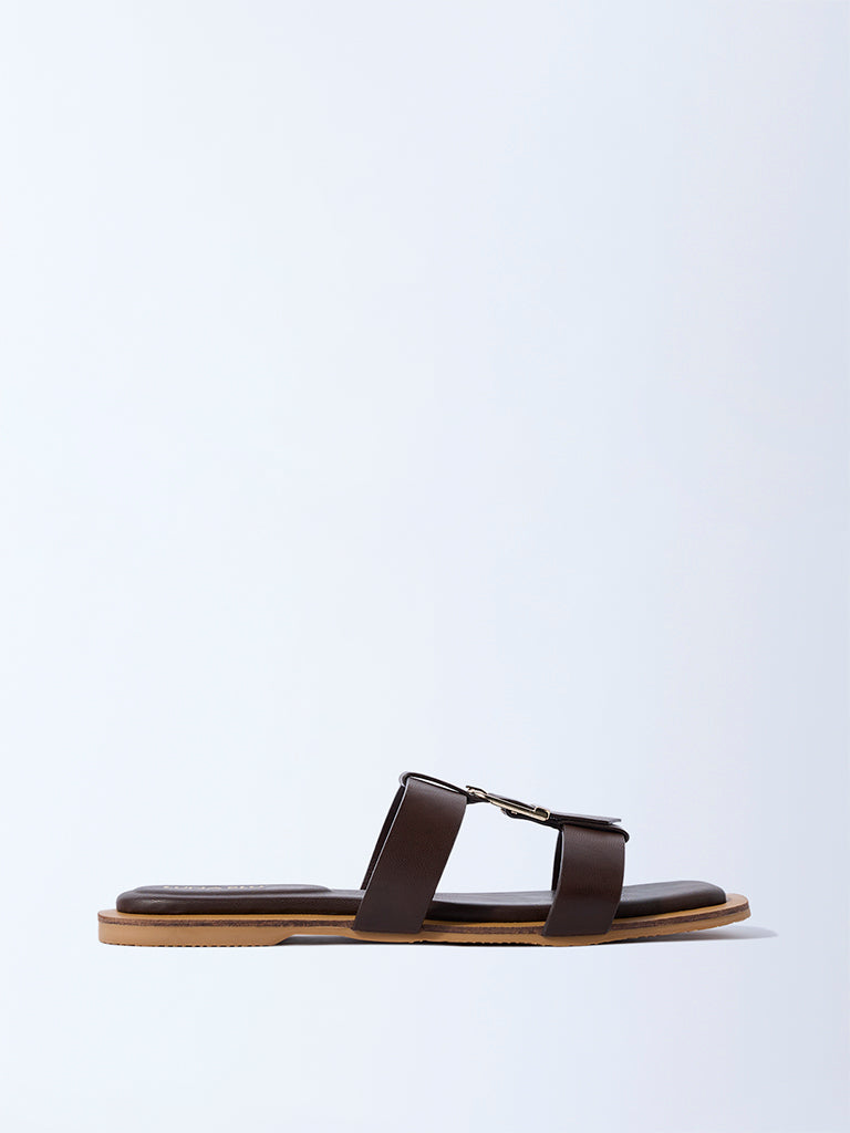 LUNA BLU Dark Brown Buckle-Detailed Slides