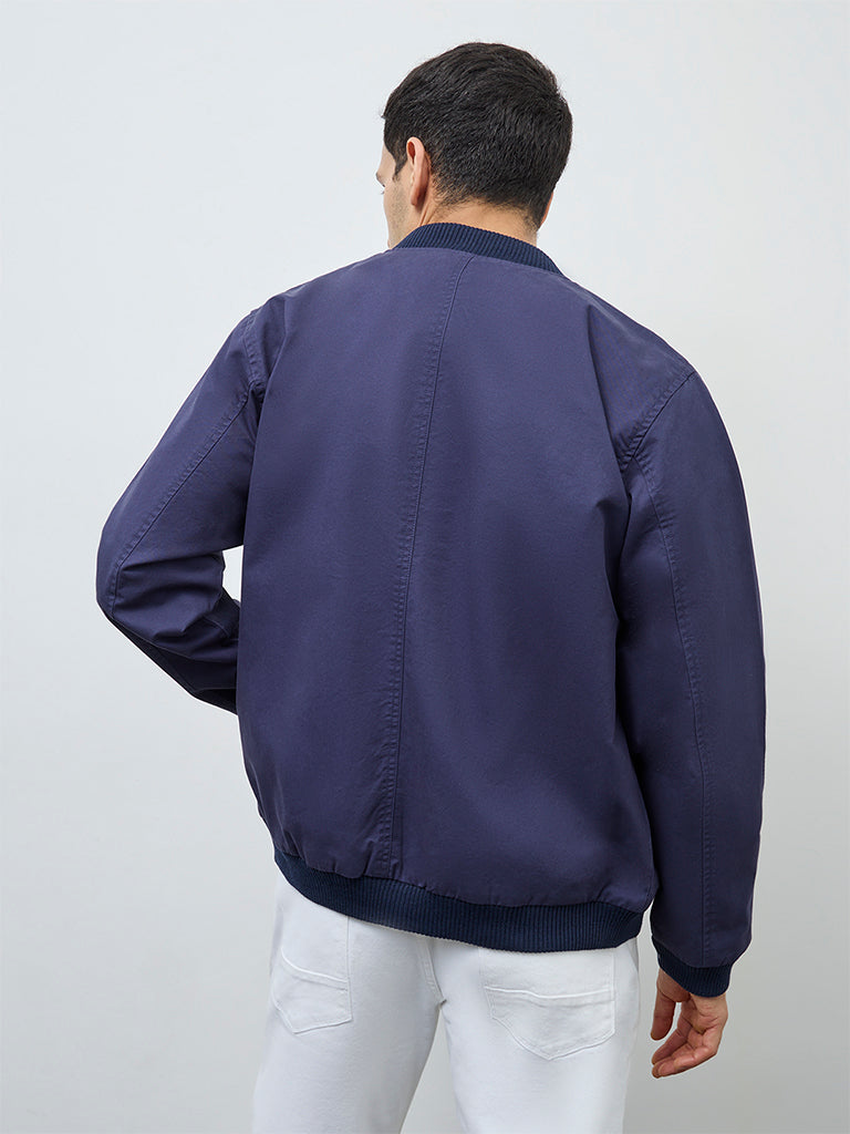 WES Casuals Navy Solid Relaxed-Fit Cotton Jacket