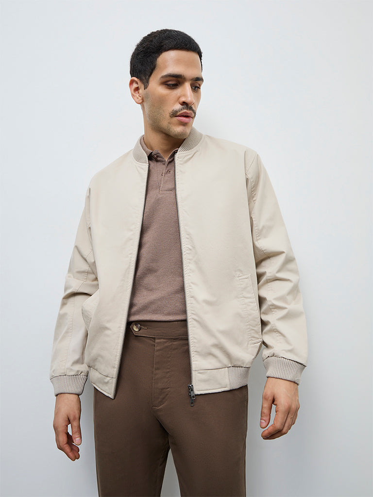 WES Casuals Beige Solid Relaxed-Fit Cotton Jacket