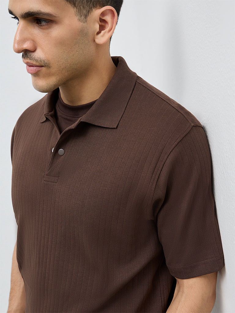 WES Casuals Dark Brown Textured Slim-Fit T-Shirt