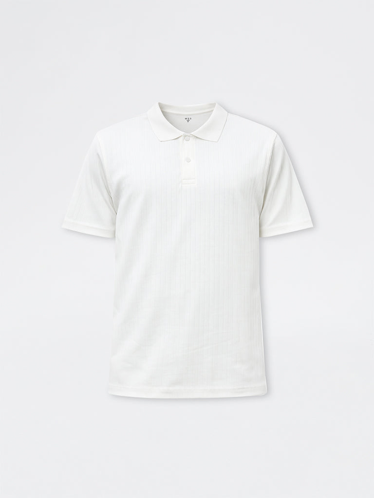 WES Casuals Off-White Self-Striped Slim-Fit Cotton-Blend Polo T-Shirt