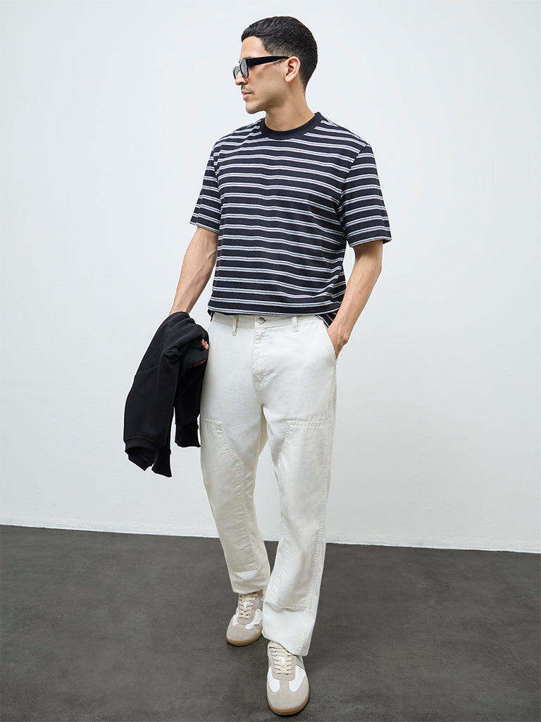 WES Casuals Black Striped Relaxed-Fit Cotton T-Shirt