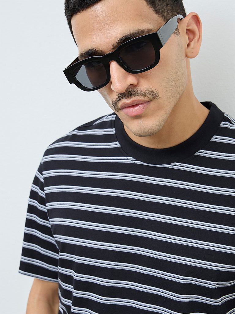 WES Casuals Black Striped Relaxed-Fit Cotton T-Shirt