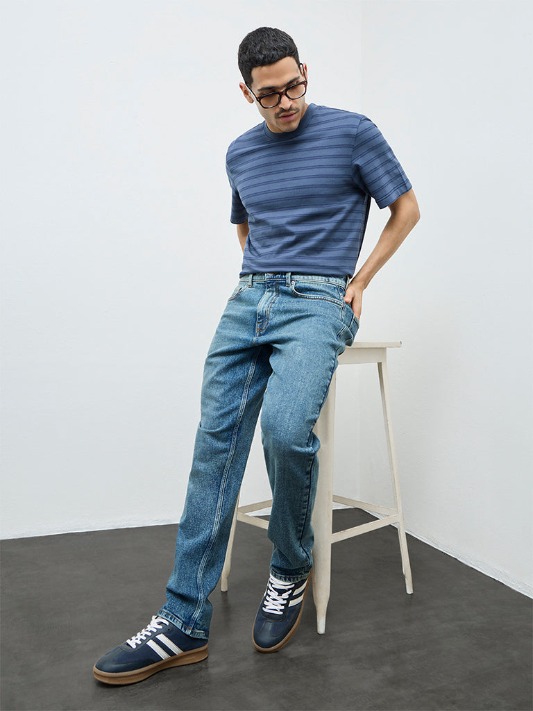 WES Casuals Blue Striped Relaxed-Fit Cotton T-Shirt