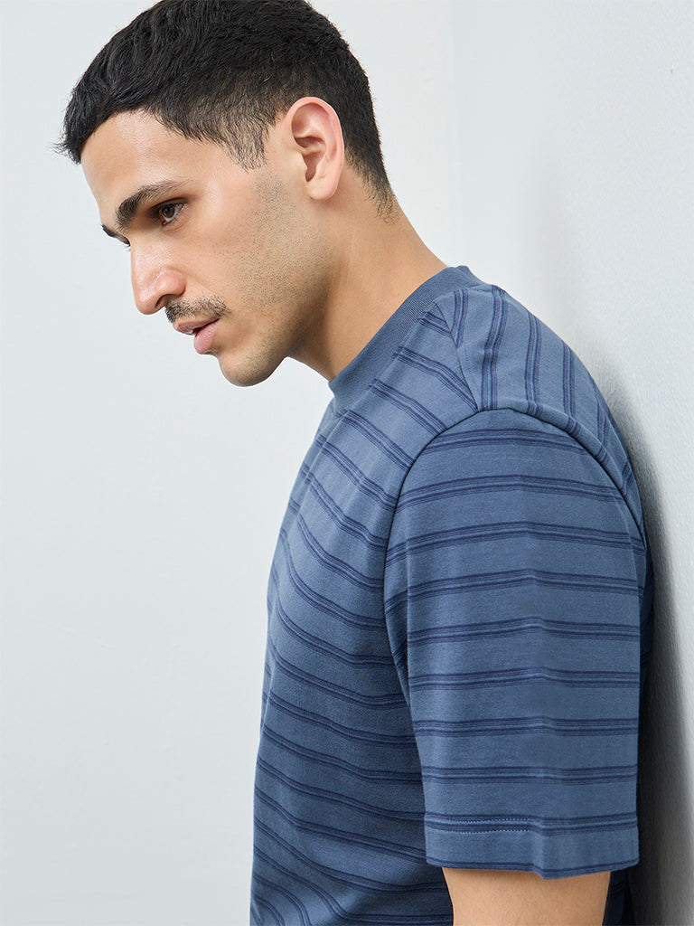 WES Casuals Blue Striped Relaxed-Fit Cotton T-Shirt