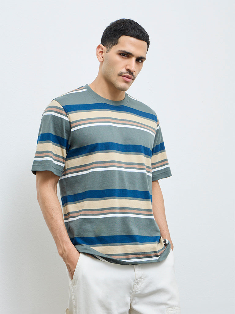 WES Casuals Sage Striped Relaxed-Fit Cotton T-Shirt