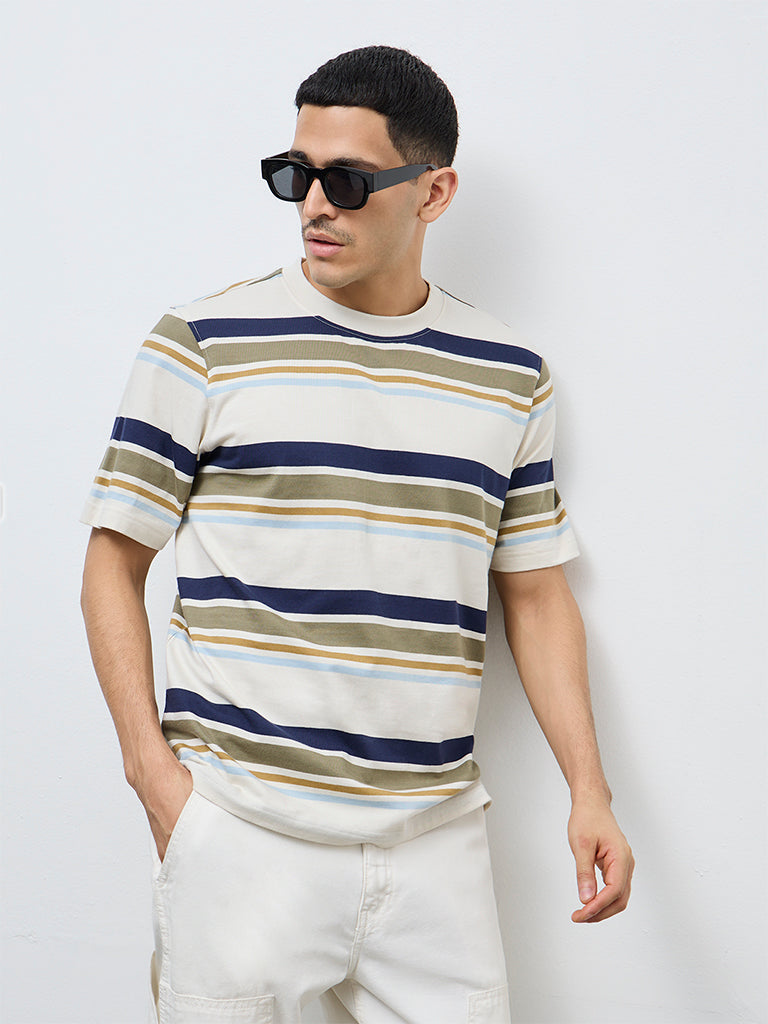 WES Casuals Beige Striped Relaxed Fit Cotton T-Shirt
