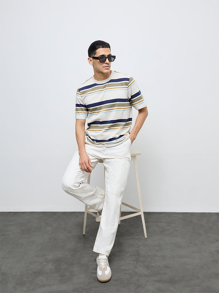 WES Casuals Beige Striped Relaxed Fit Cotton T-Shirt