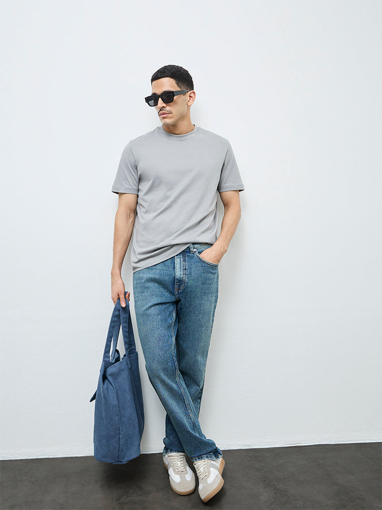 WES Casuals Grey Solid Slim-Fit Cotton T-Shirt