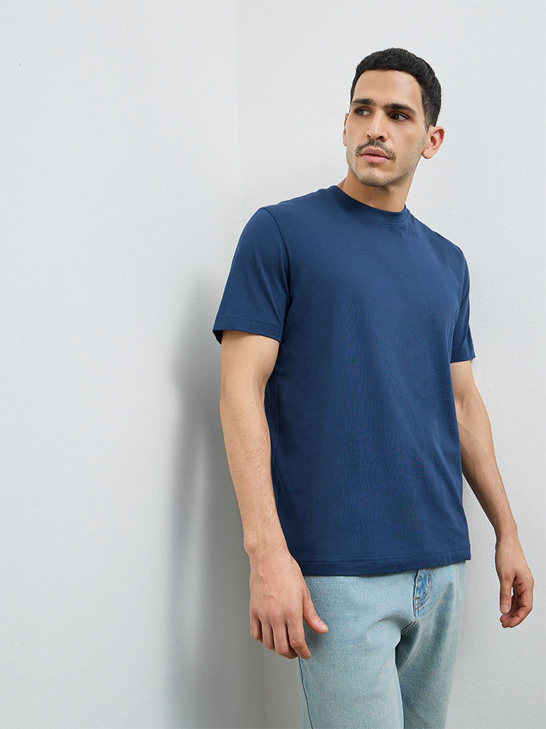 WES Casuals Indigo Solid Slim-Fit Cotton T-Shirt