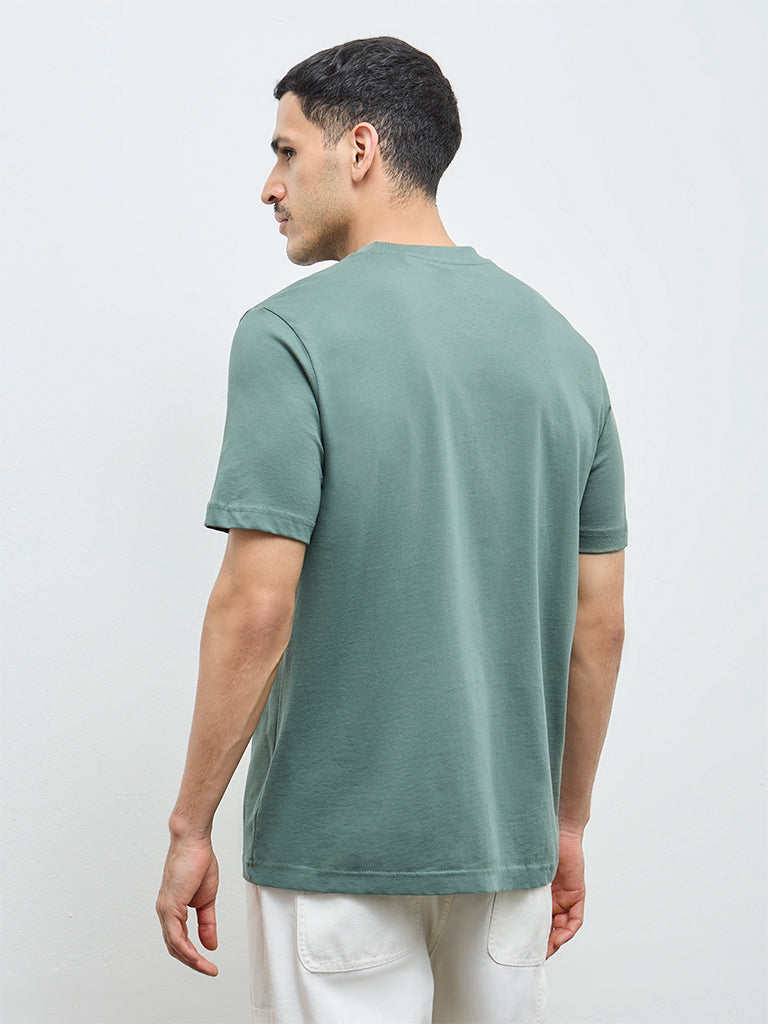 WES Casuals Green Solid Slim-Fit Cotton T-Shirt