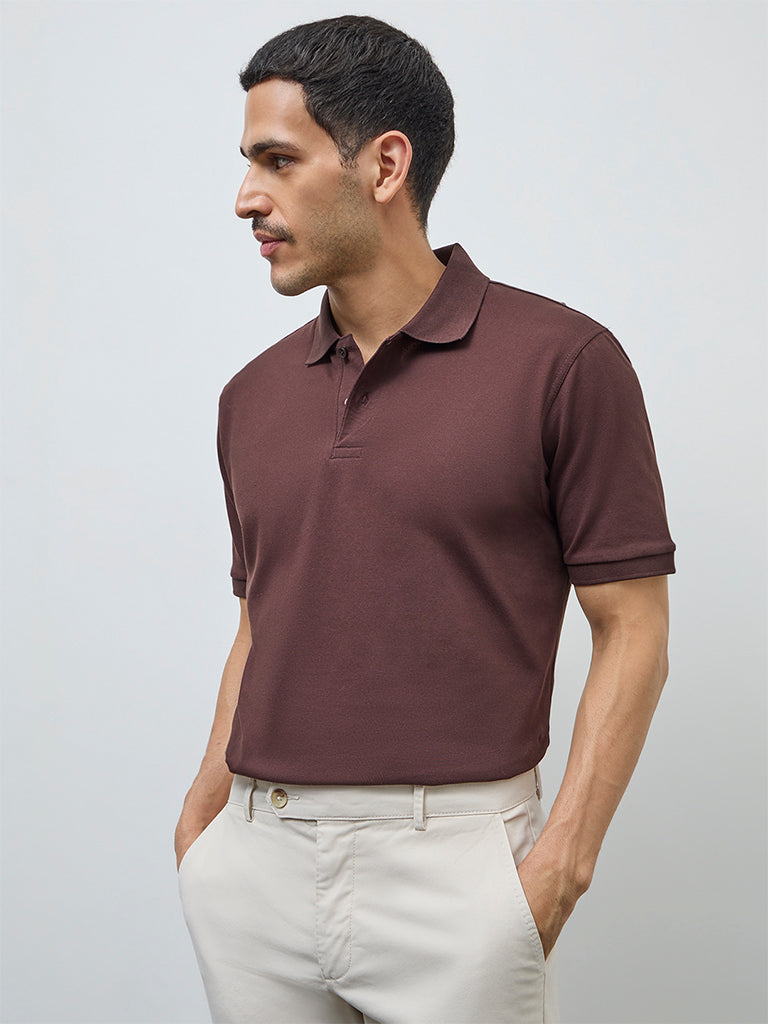 WES Casuals Dark Brown Relaxed-Fit Cotton-Blend Polo T-Shirt