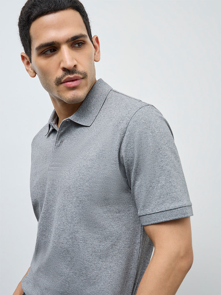 WES Casuals Grey Relaxed-Fit Cotton-Blend Polo T-Shirt