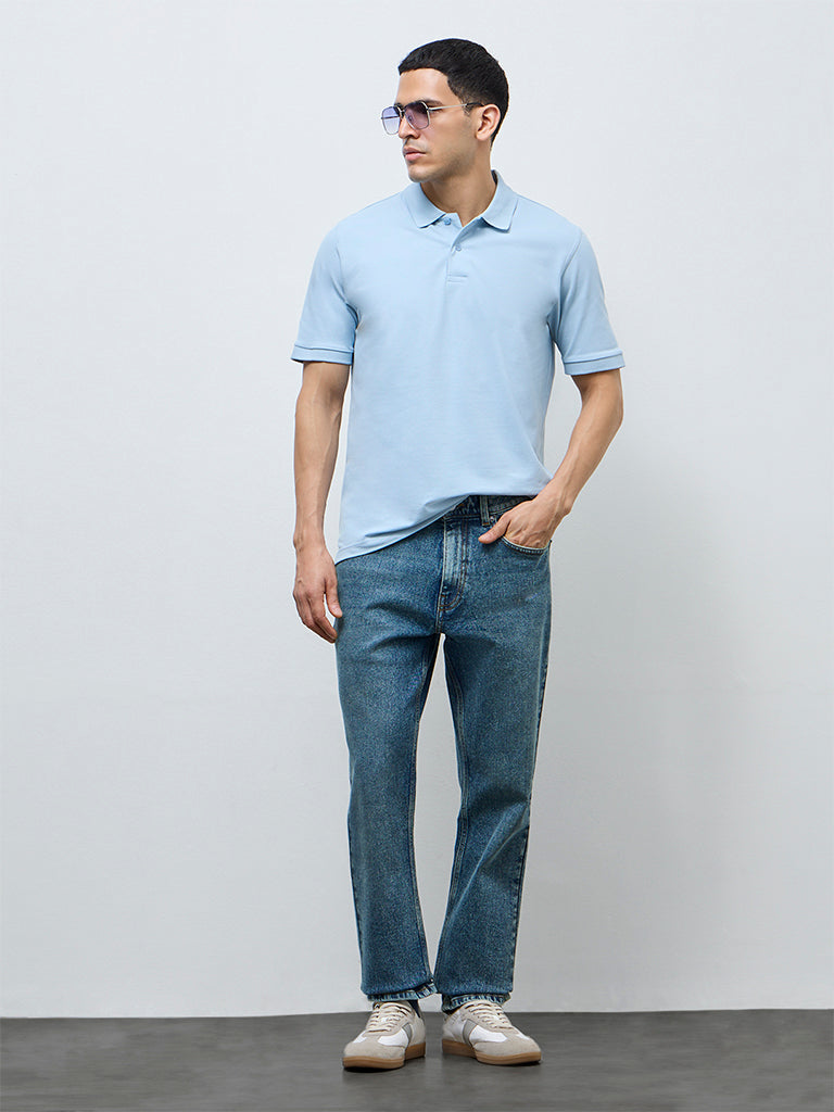 WES Casuals Light Blue Relaxed-Fit Cotton-Blend Polo T-Shirt