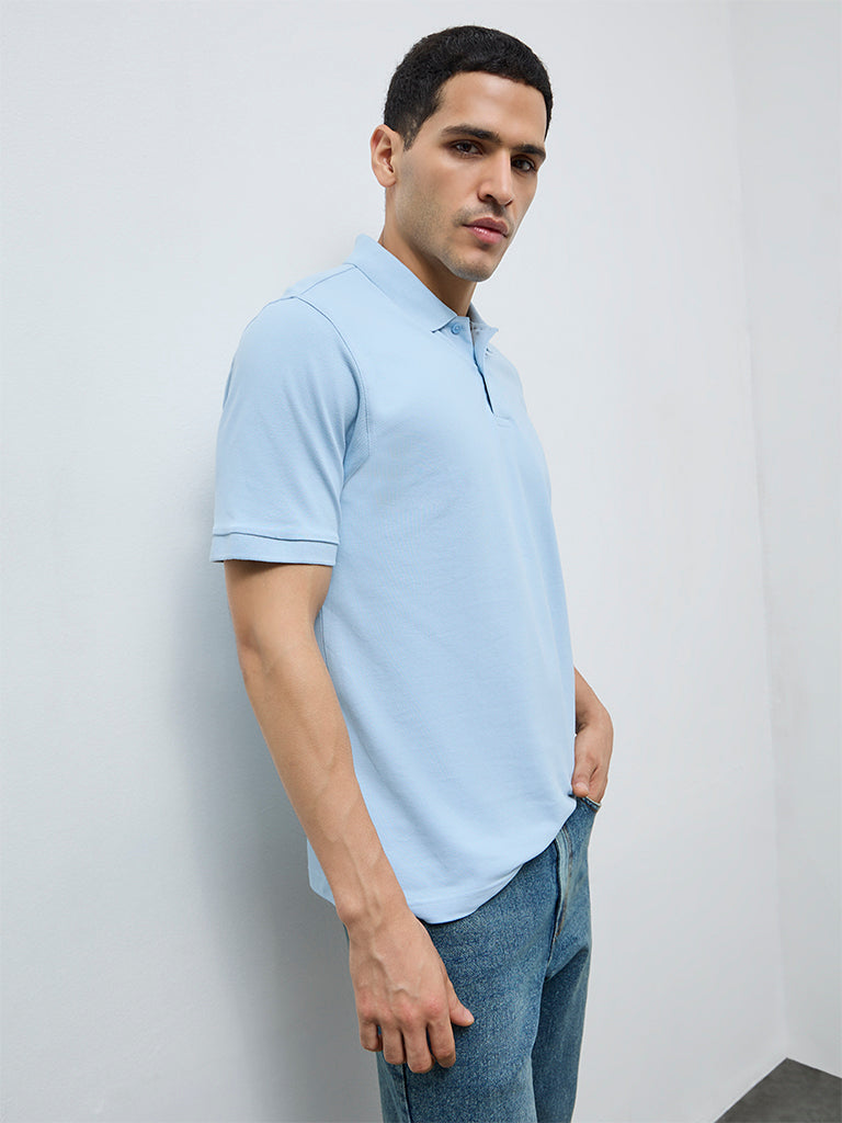 WES Casuals Light Blue Relaxed-Fit Cotton-Blend Polo T-Shirt