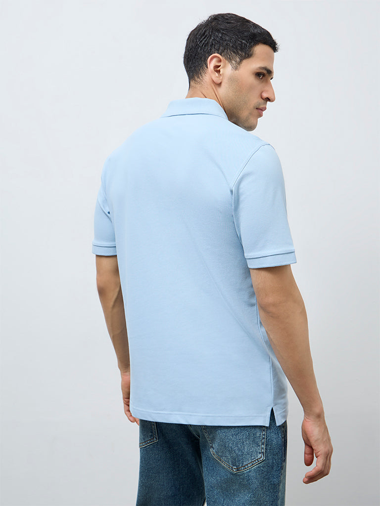 WES Casuals Light Blue Relaxed-Fit Cotton-Blend Polo T-Shirt