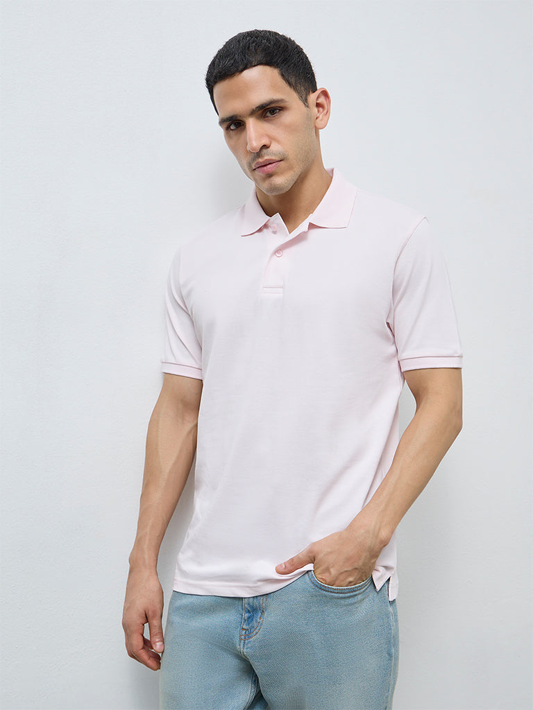 WES Casuals Light Pink Relaxed-Fit Cotton-Blend Polo T-Shirt
