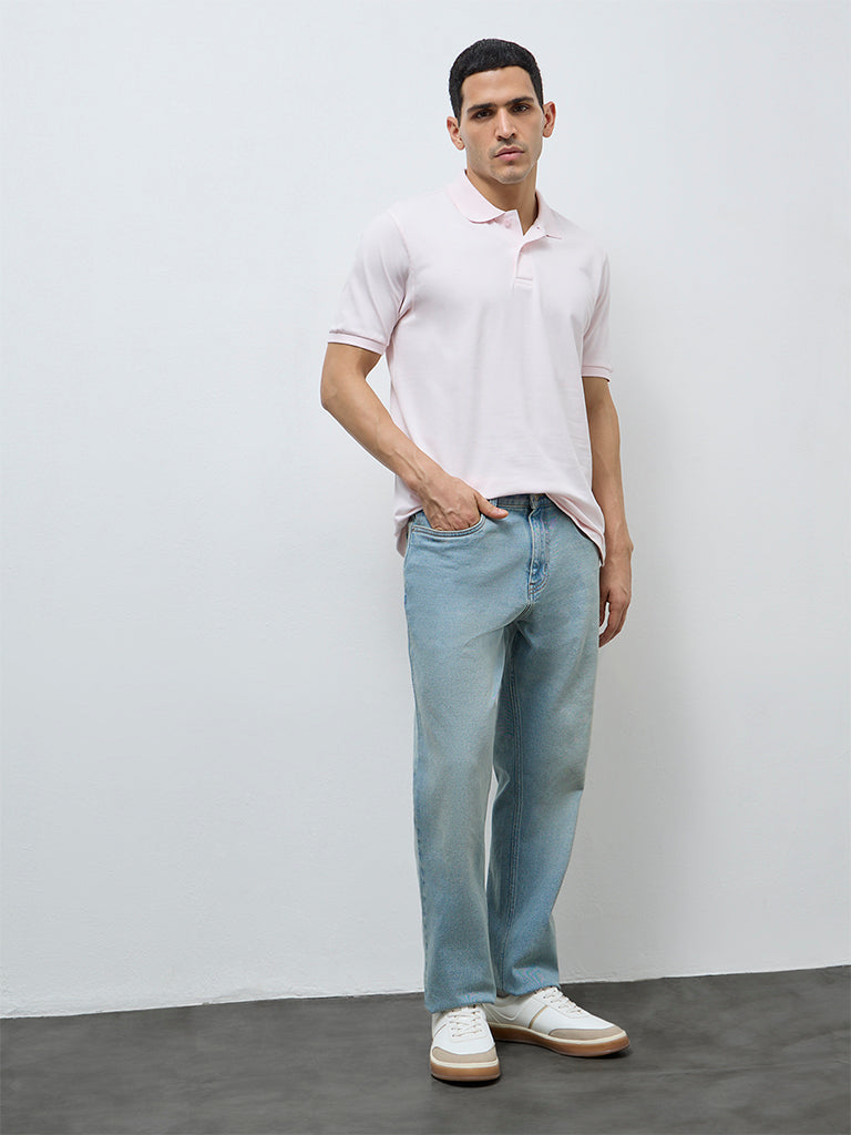 WES Casuals Light Pink Relaxed-Fit Cotton-Blend Polo T-Shirt