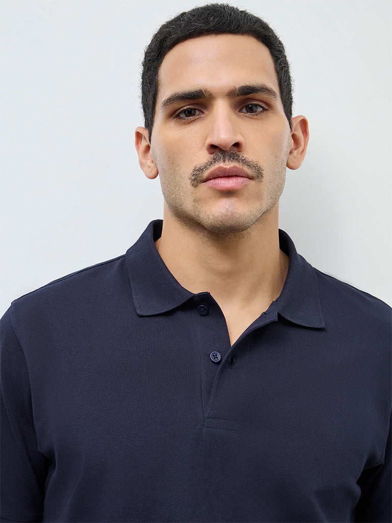 WES Casuals Navy Solid Relaxed-Fit Cotton-Blend Polo T-Shirt