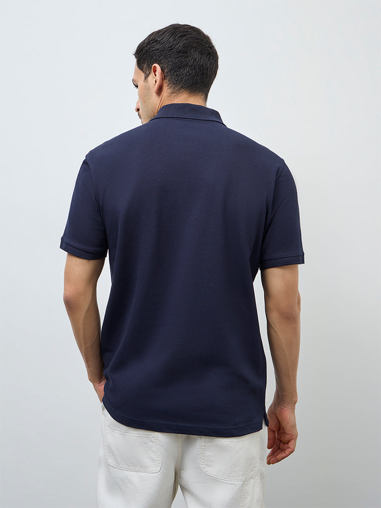 WES Casuals Navy Solid Relaxed-Fit Cotton-Blend Polo T-Shirt