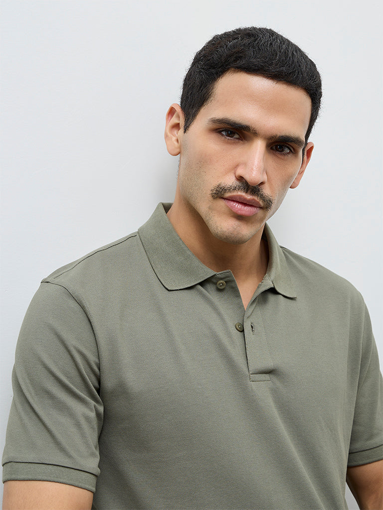 WES Casuals Sage Solid Relaxed-Fit Cotton-Blend Polo T-Shirt