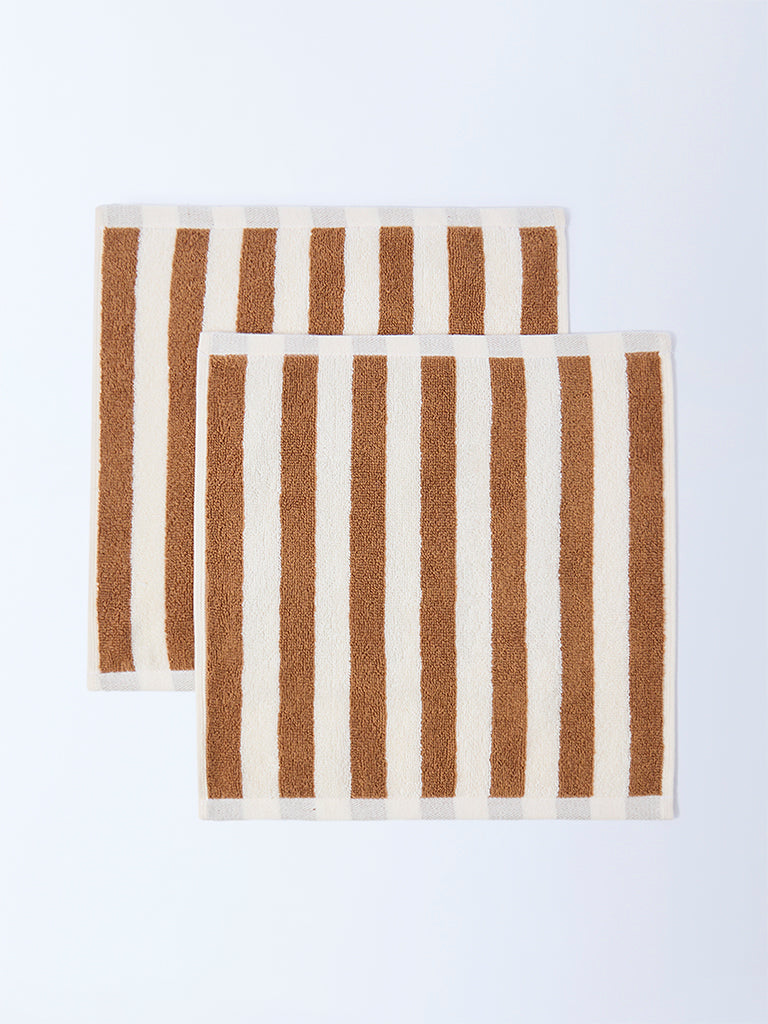 Westside Home Brown Stripe Patterned Face Towel (Set of 2)