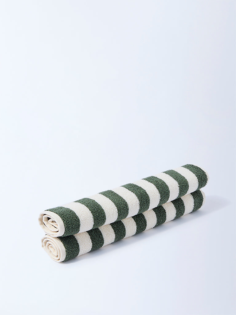 Westside Home Olive Stripe Pattern Face Towels (Set of 2)