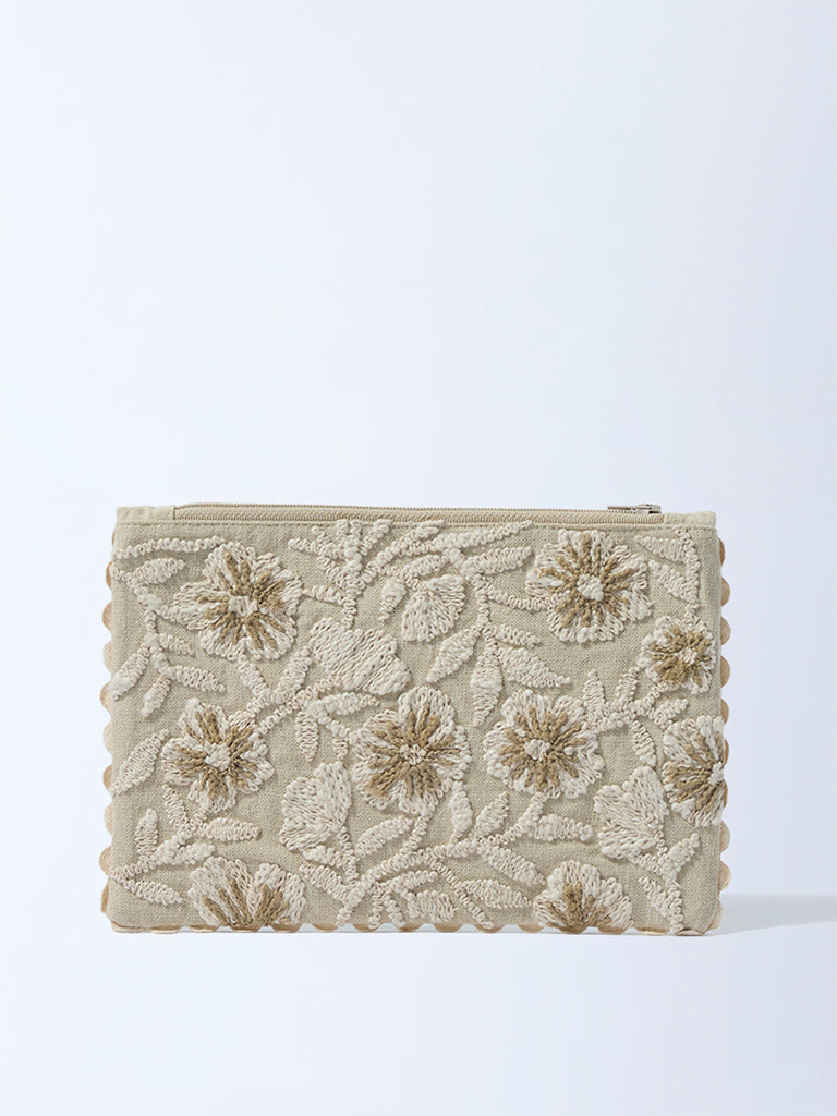 Westside Home Beige Floral Embroidered Pouch