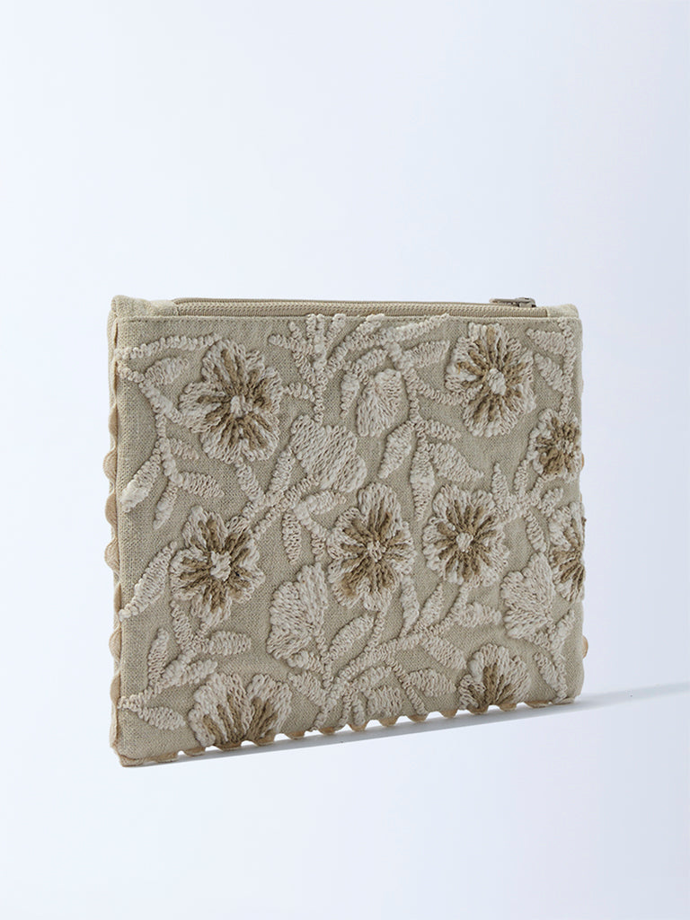Westside Home Beige Floral Embroidered Pouch