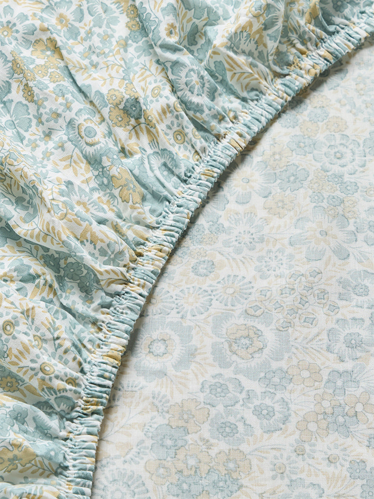Westside Home Dusty Blue Floral Printed Queen Bed Sheet Set
