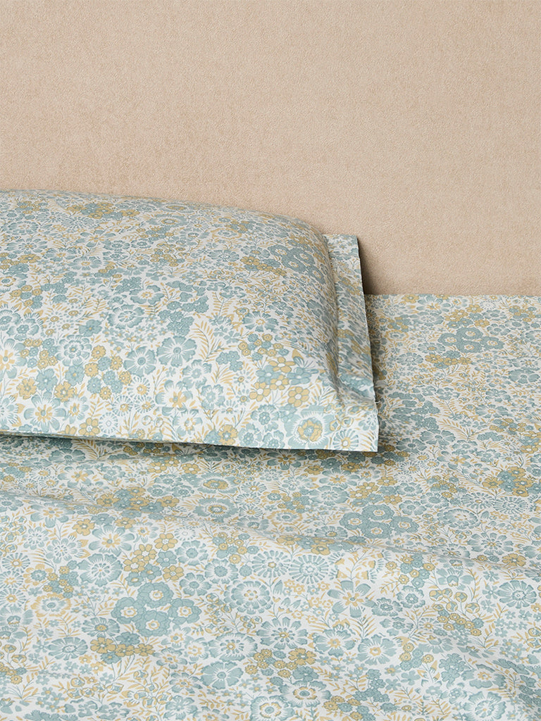 Westside Home Dusty Blue Floral Printed King Bed Sheet Set
