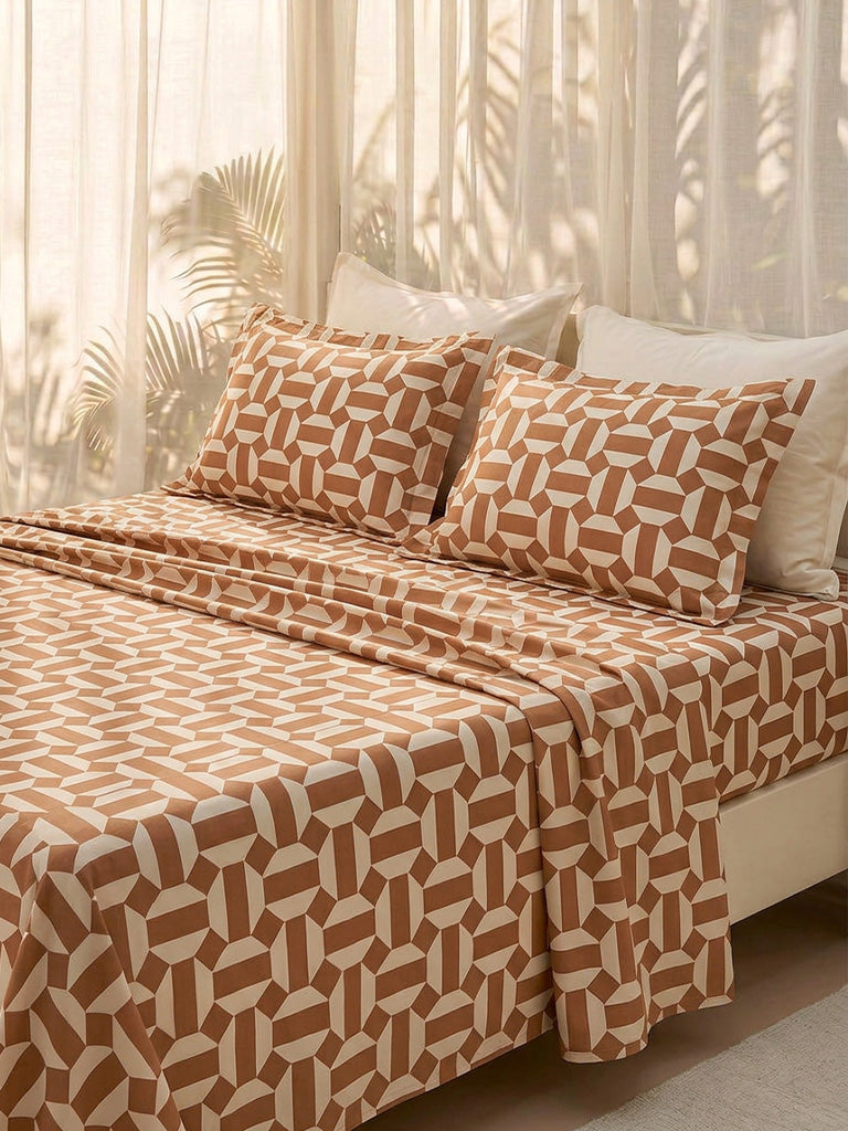 Westside Home Brown Geometric Design Queen Bed Sheet Set