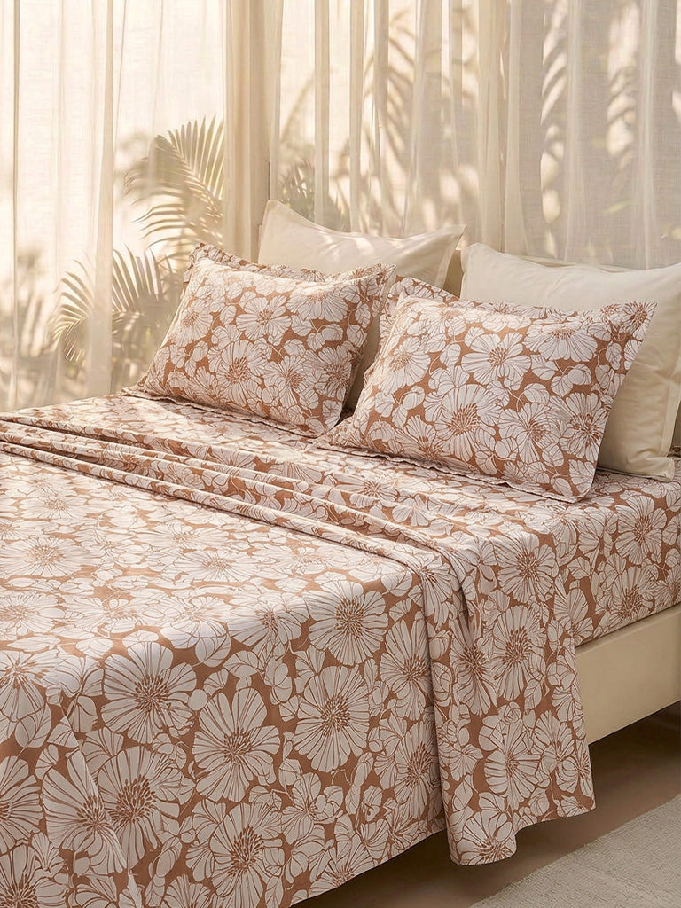 Westside Home Brown Floral Pattern King Bed Sheet Set