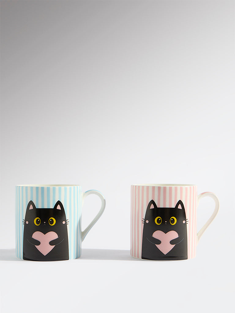 Westside Home Blue and Pink Cat Design Mugs (Set of 2)