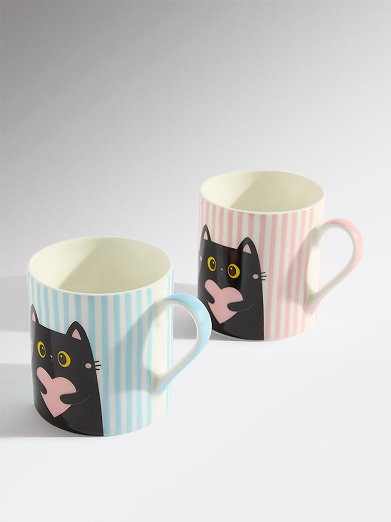 Westside Home Blue and Pink Cat Design Mugs (Set of 2)