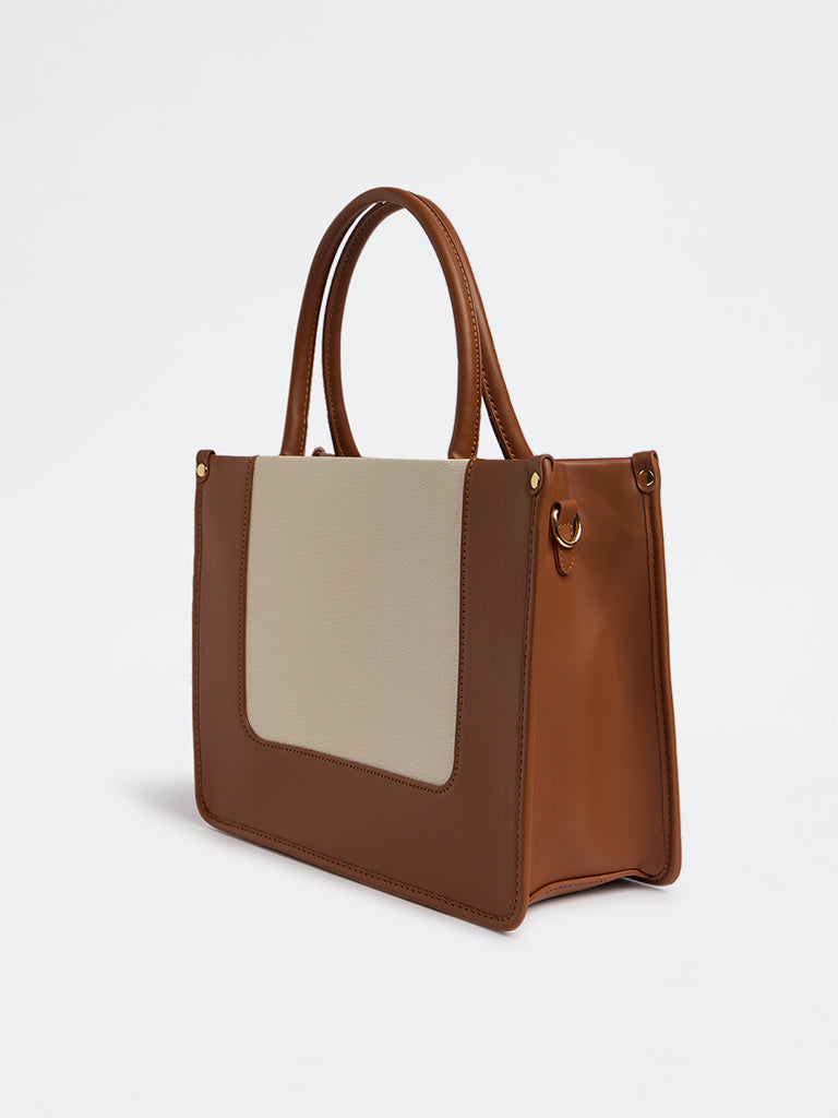 Westside Tan Colour-Blocked Tote Bag with Sling