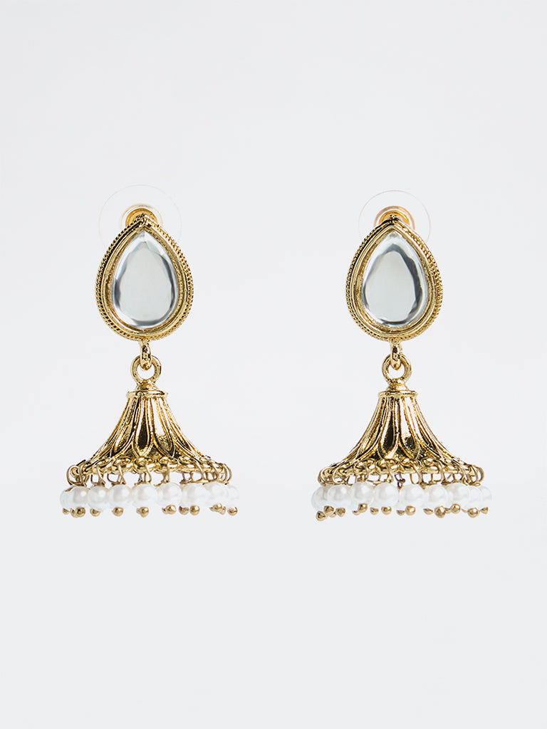 Westside Accessories Gold Stone and Pearl Jhumka Earrings