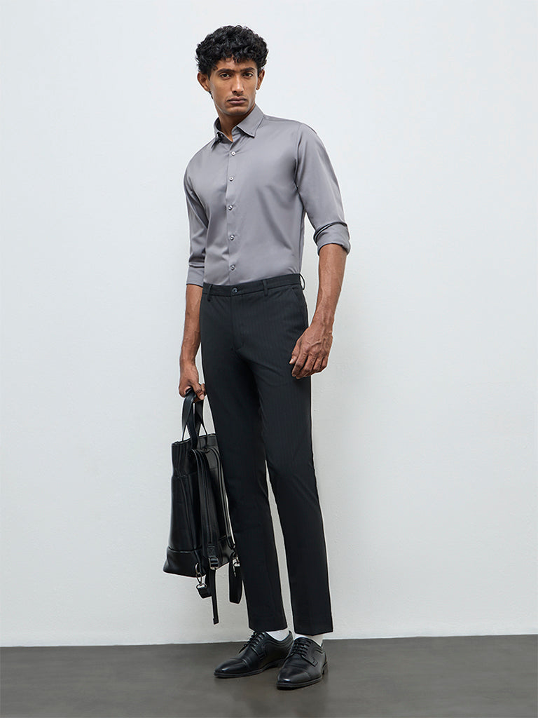 WES Formals Black Ultra Slim-Fit Mid-Rise Trousers