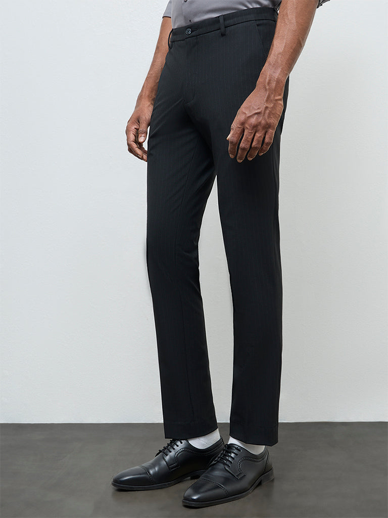 WES Formals Black Ultra Slim-Fit Mid-Rise Trousers